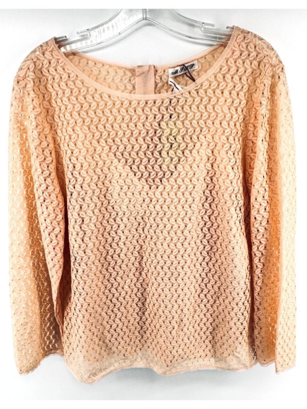 M.S.S.P. Emma Lace Top XL Light Peach Sheer Long Sleeve Keyhole Blouse NWT $78